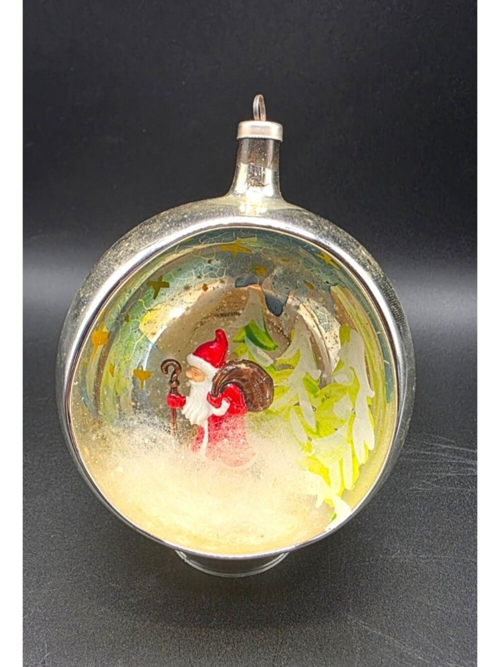 Vintage 4" Mercury Glass 3D Santa Diorama Indent Christmas Ornament Austria